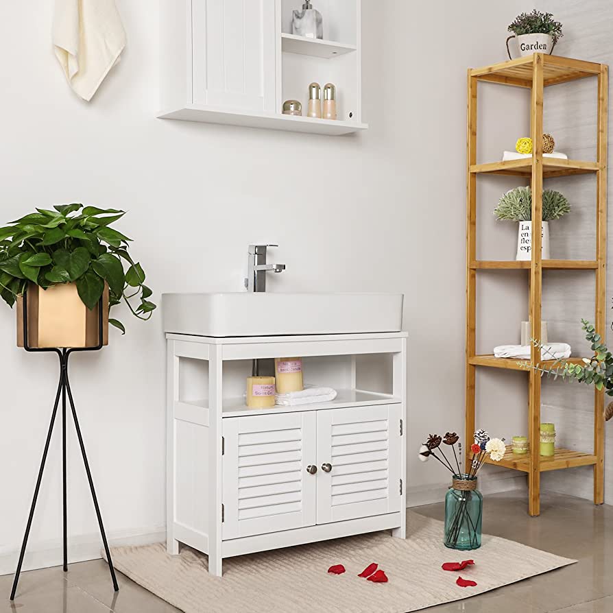 Vanity Unit Without Sink Lots of Storage Space Bathroom Cabinet with Slat Doors 2 White, MDF Panels, with Open Compartment, 60 x 30 x 60 cm
