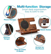 Wood Phone Docking Station Ash Key Holder Wallet Stand Watch Organizer Men Gift Husband Wireless Charging Pad Slim Birthday Nightstand Purse Tablet Compatible with iPhone Samsung Plus All Qi Devices