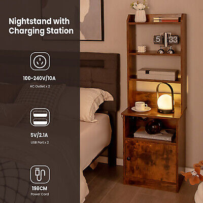 Nightstand Bedside End Side Table Bookshelf w/ Charging Station