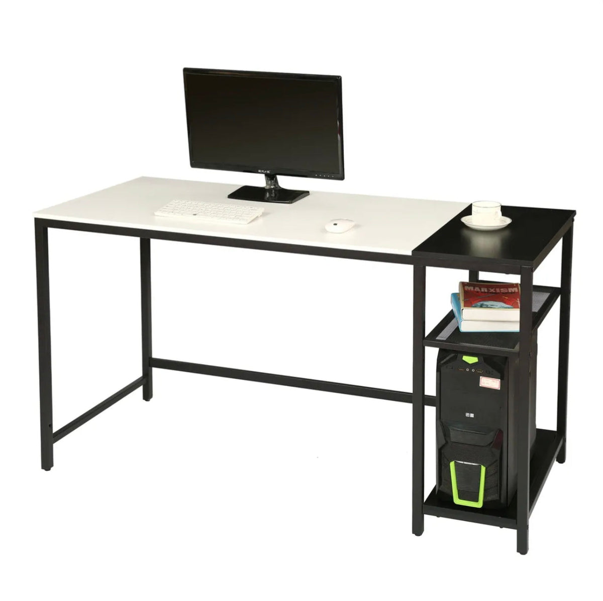 Computer Desk with 2-Tier Shelves – White & Black
