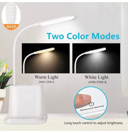 LED Desk Lamp, Xkey Rechargeable Desk Lamp with USB Charging Port & Pen Holder, 2 Color Modes & Stepless Dimming, 360° Flexible Metal Hose, Mini Cute Lamp for College Dorm Bedroom Reading (CDTD-White)