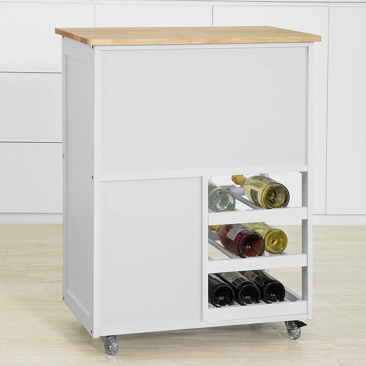 Kitchen Trolley with 2 Cupboards & 3-Bottle Wine Rack