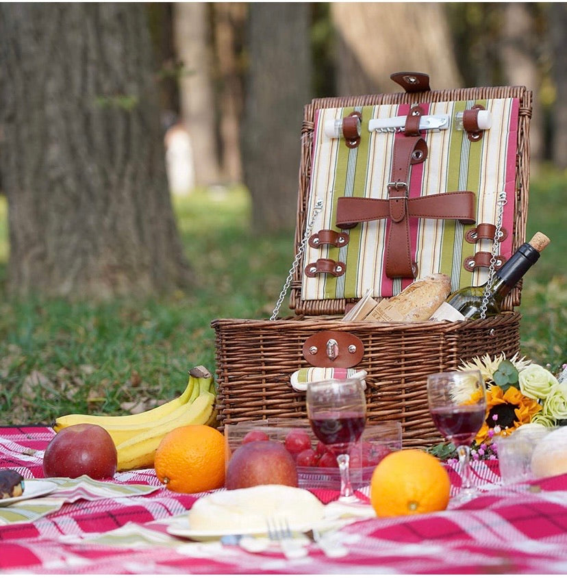 Picnic Basket for 2 Person, Durable Wicker Picnic Hamper Set, Willow Picnic Basket Accessories Plates and Utensils, Perfect Wedding, Anniversary or Birthday Gift (Green Stripe)