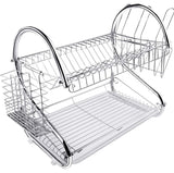 Dish Drying Rack Kitchen-2-Tier Cutlery Metal Draining Dish Drying Rack, with Drain Board