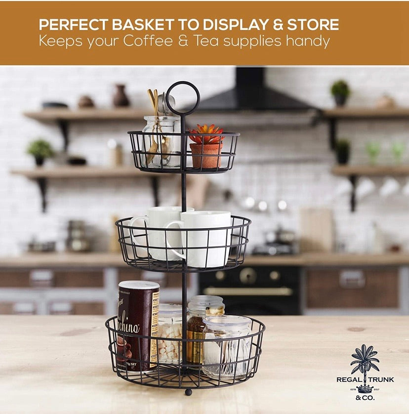 3 Tier Fruit Basket - Fresh Country Wire Basket by Regal Trunk & Co. | Three Tier Fruit Basket Stand for Storing & Organizing Vegetables, Eggs, and More | Fruit Basket for Counter or Hanging (3 Tier)