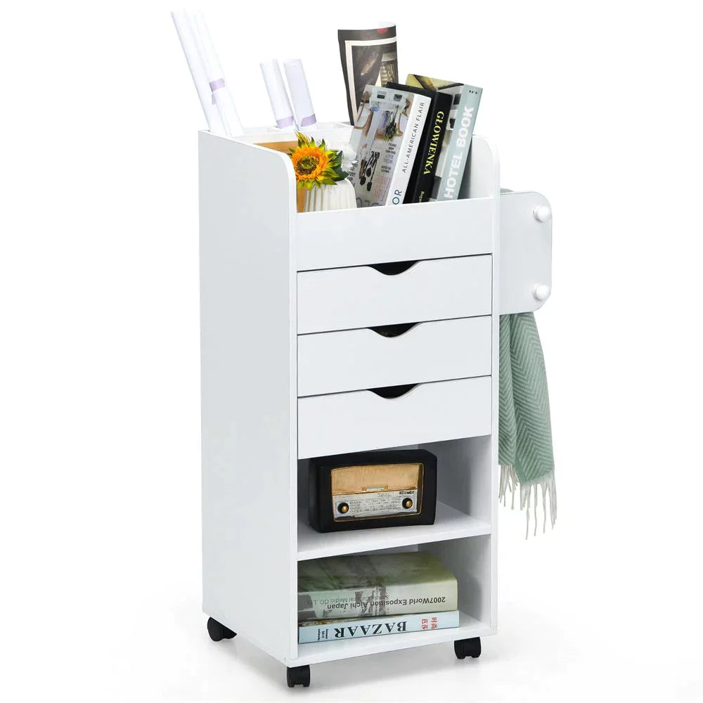 Mobile Trolley Cart 6-Tier Wood Storage Beside Table w/ Drawers Bathroom White