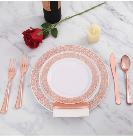 150pcs Rose Gold Plates, Rose Gold Plastic Silverware, Party Plates with Rose Gold Rim, Lace Plastic Plates, Plastic Flatware for Wedding, Enjoylife(Rose Gold 150) (Rose Gold)