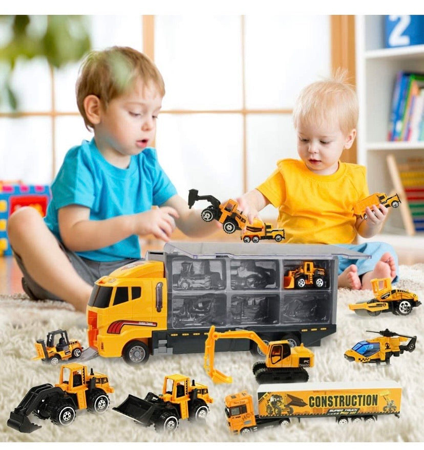 Coolplay 11 in 1 Die-cast Construction Vehicle Mini Engineering Truck Toy Set in Carrier Truck Play set for Boys, Mini Dumper, Bulldozers, Forklift, Tank Truck, Asphalt Car and Excavator for Kids