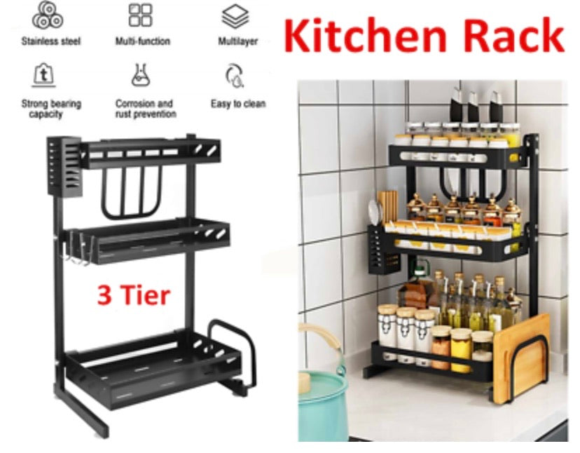 3 Tier Spice Rack Steel Kitchen Cooking Shelf Organizer Storage Bottle Holder AU