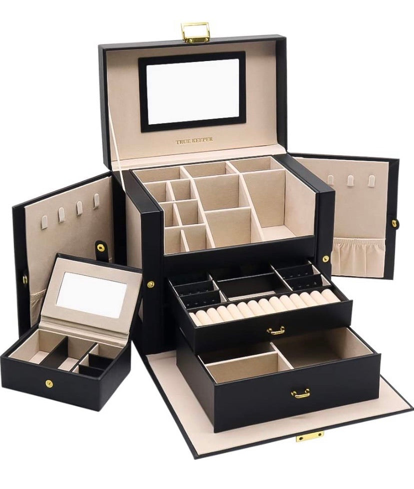 Jewelry Box, 3 Layers Jewelry Organizer with Mirror and Small Portable Case for Earrings Rings Necklaces Bracelet Storage (Black)