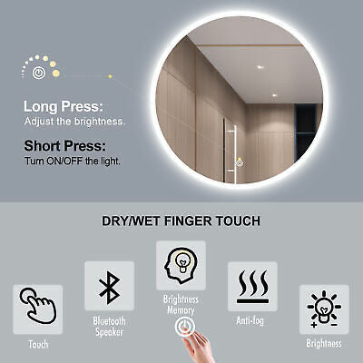 LED Round Bluetooth Mirror Bathroom Vanity Dimmable Circle Wall Mounted 
