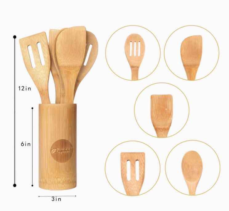 Bamboo Cooking Utensils – Set of 6 Kitchen Wooden Serving Accessories