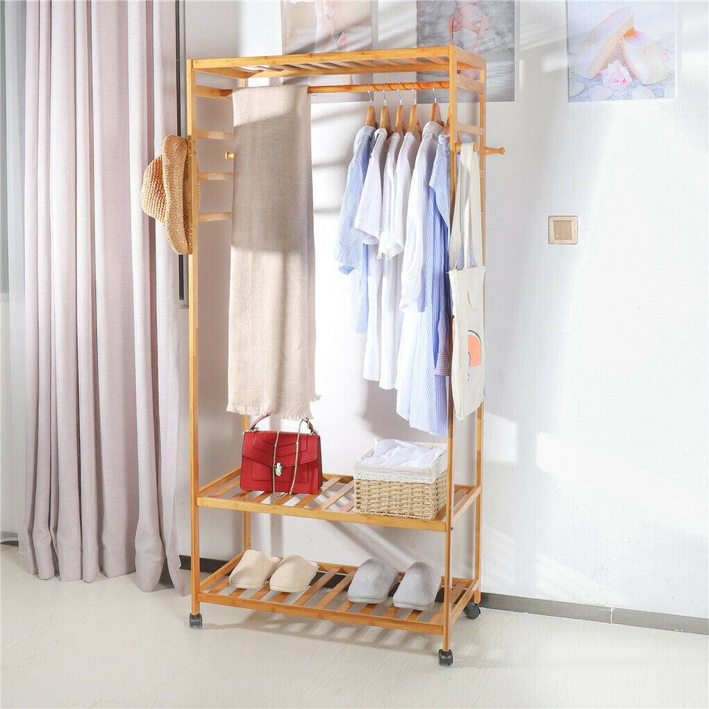 Mobile Wooden Clothes Rack with Wheels