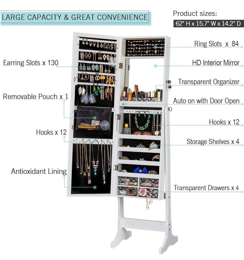 LUXFURNI Black 79-LED Standing Mirror Jewellery Cabinet