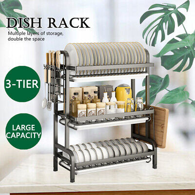 3 Tier Kitchen Dish Rack Plate Cup Drying Drainer Tray Cutlery Holder Storage