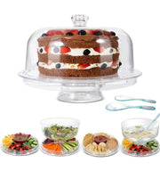 Cake Stand 6-in-1 Multifunctional Serving Platter with Domed Cover and 2Pcs Spoons - Use as Salad Bowl/Veggie Platter/Punch Bowl/Desert Platter/Nachos & Salsa Plate