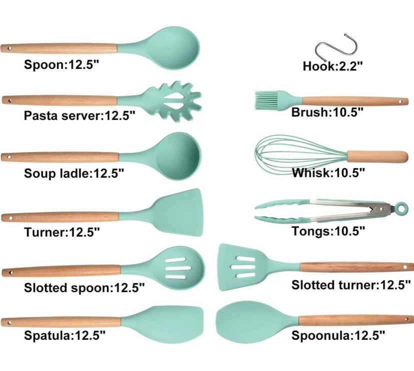 Silicone Kitchen Utensil Set, Cooking Spatulas Soup Ladle Slotted Spoon Turner Pasta Server Basting Brush Tongs Whisk Wooden Handle Heat Resistant Cookware Non-Stick Kitchen Gadgets Tools 12 Pcs