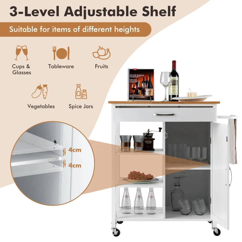 White Rolling Kitchen Island with Rubberwood Top
