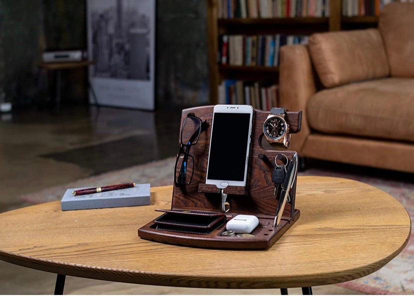 Wood Phone Docking Station Natural Ash Hooks Key Holder Wallet Watch Stand Watch Organizer Men Gift Husband Wife Anniversary Dad Birthday Nightstand Father Graduation Male Travel Idea Gadgets Solid