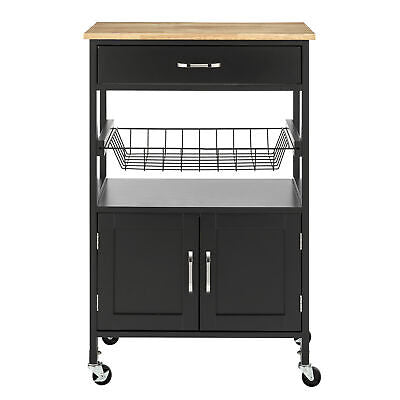 Black Rolling Kitchen Storage Trolley with Drawer & Basket