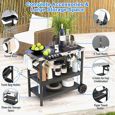 3-Tier Mobile Food-Prep Cart with Stainless-Steel Worktop