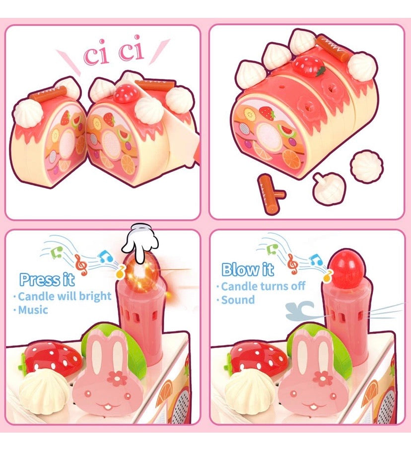 Pretend Play Food for Kids, DIY 82PCS Decorating and Cutting Birthday Party Cake, Tea Set,Candle,Fruits,Biscuits,Desserts,Educational Kitchen Toy with Lights&Sounds for Children,Girls&Boys,Aged 3+