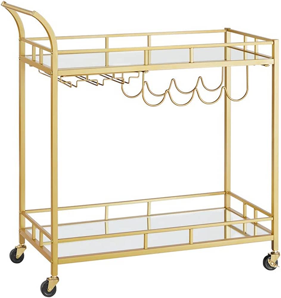 2-Tier Gold Bar Cart with Mirrored Shelves