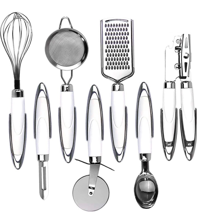 Kitchen Utensil Set - Cooking Stainless Steel Utensil Set - Kitchen Gadgets Cookware Set - Kitchen Tools Set with Soft Touch White Handles