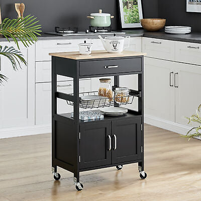 Black Rolling Kitchen Storage Trolley with Drawer & Basket