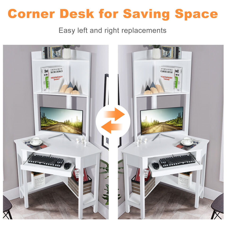 White Corner Computer Desk with Hutch & Keyboard Tray