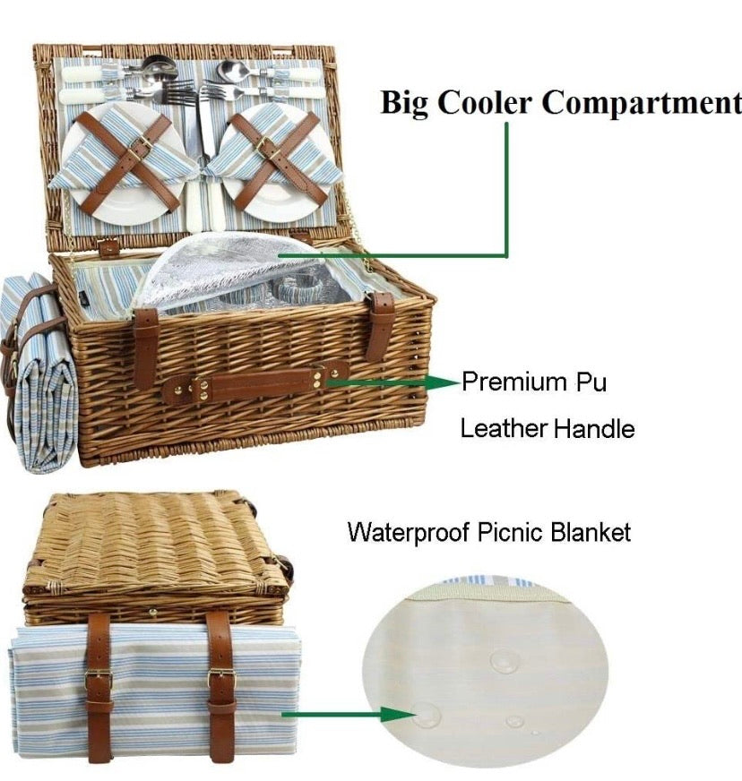 Picnic Basket Set for 4 Persons | Large Willow Hamper with Large Insulated Cooler Compartment, Free Waterproof Blanket and Cutlery Service Kit-Classical Brown