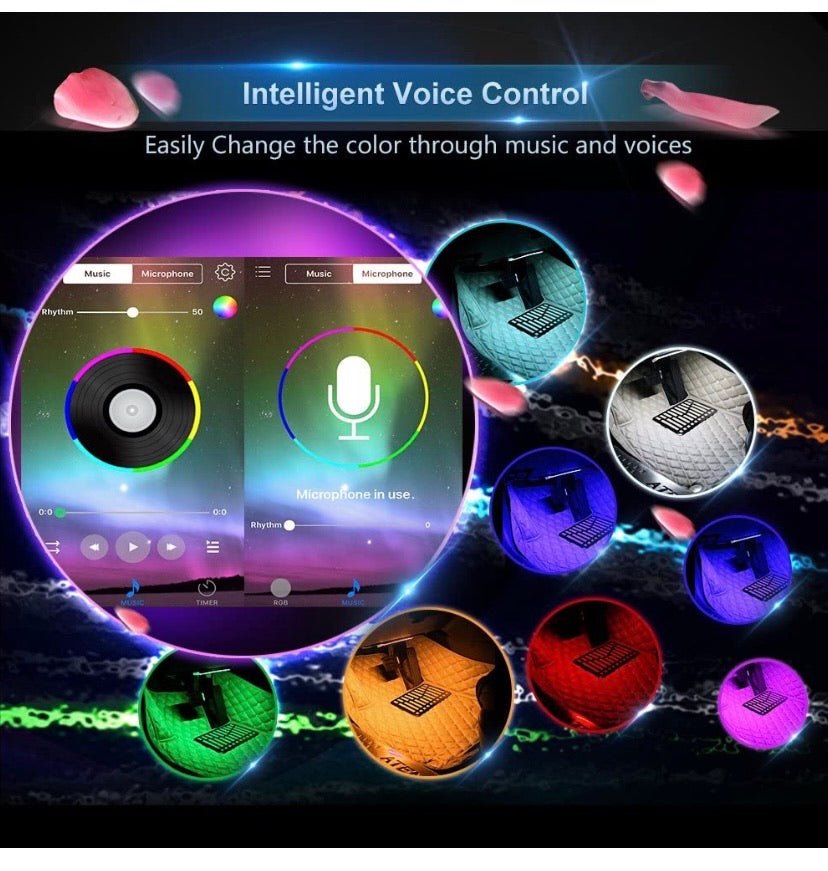 Car LED Strip Lights, 4pcs 48 LED Bluetooth App Controller Interior Lights Multi Color Music Car Strip Light Under Dash Lighting Kit with Sound Active Function for iPhone Android Smart Phone