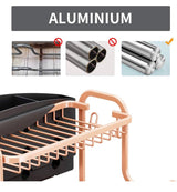Dish Drying Rack, Aluminium Rust Proof Dish Rack and Drainboard Set with Removable Cutlery Holder and 360 Swivel Spout Drain Board for Kitchen Counter (Rose Gold, 2 Tier)