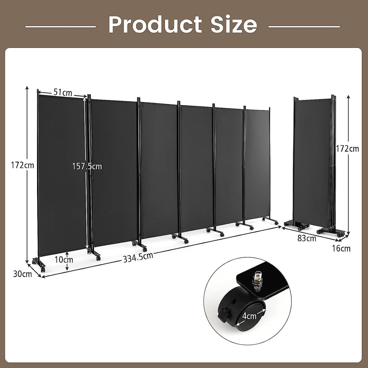 334.5 × 172 cm 6-Panel Rolling Room Divider – 4 Colours