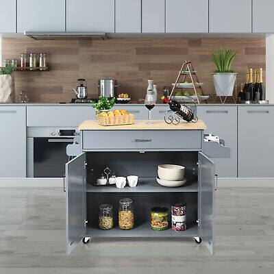 Grey Rolling Kitchen Island with Drawer, Cabinet & Side Racks