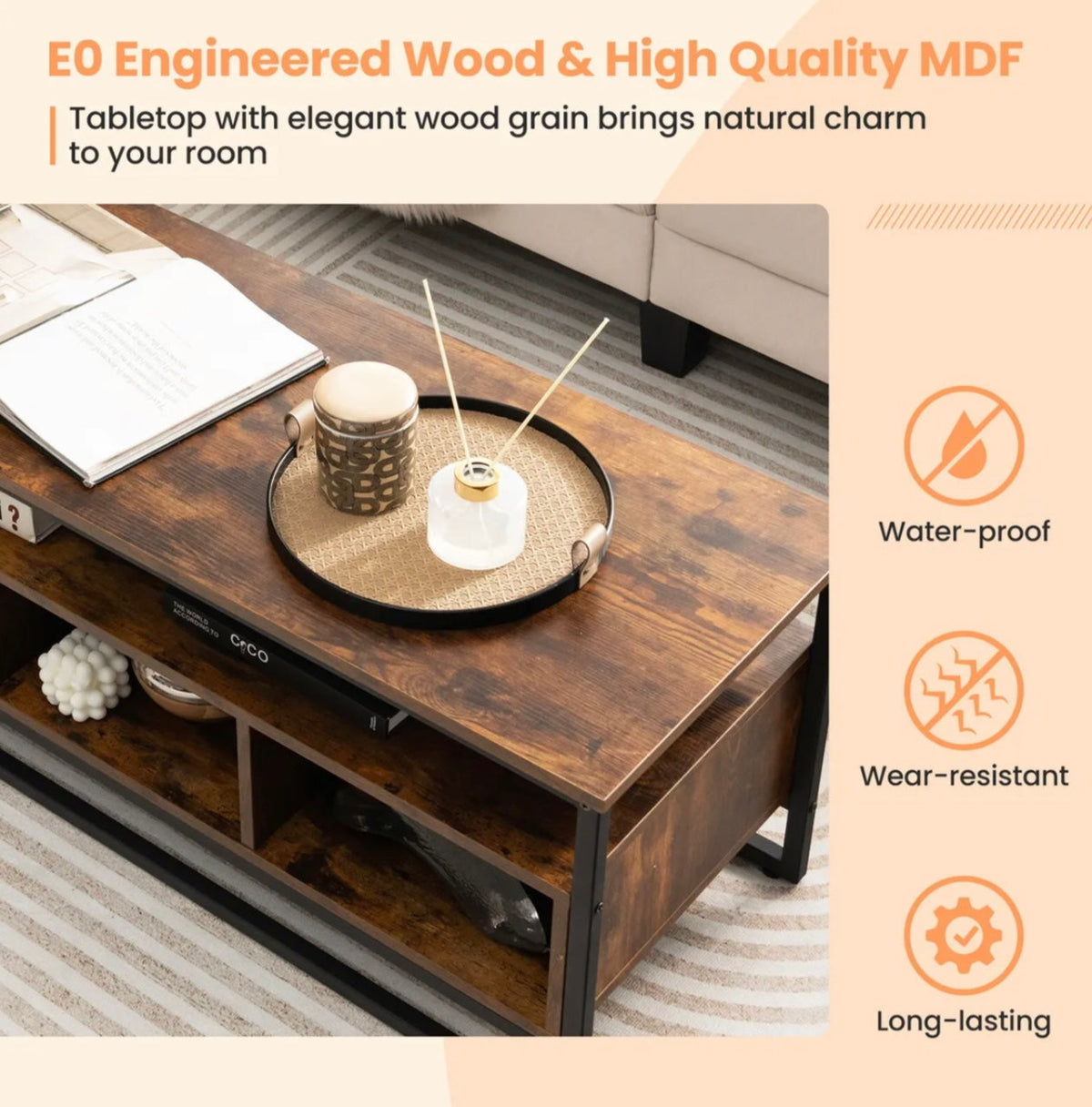 Industrial Coffee Table with Storage – Rustic Brown