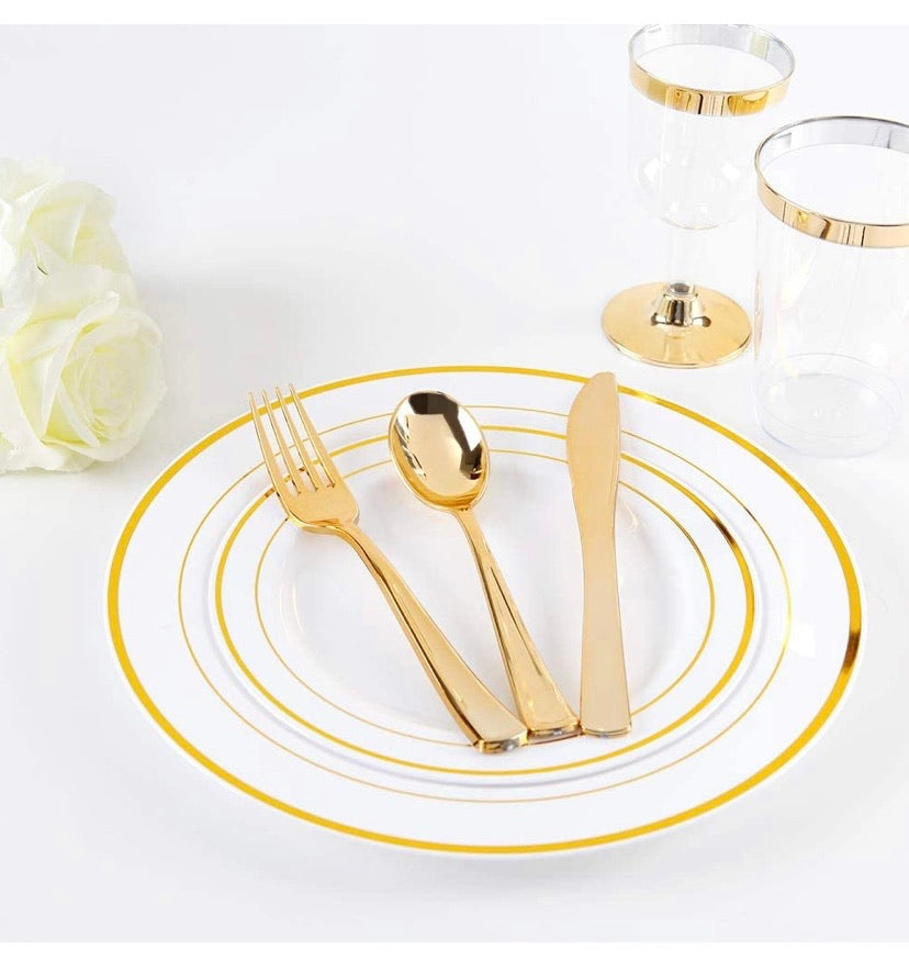 Plastic Gold Plates with Gold Plastic Silverware 60 Pcs