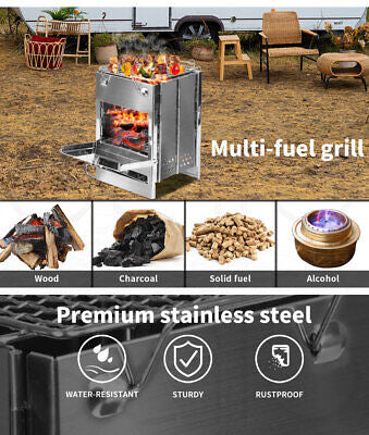 Compact Foldable Stainless Steel Wood & Charcoal Grill