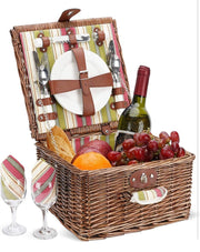 Picnic Basket for 2 Person, Durable Wicker Picnic Hamper Set, Willow Picnic Basket Accessories Plates and Utensils, Perfect Wedding, Anniversary or Birthday Gift (Green Stripe)