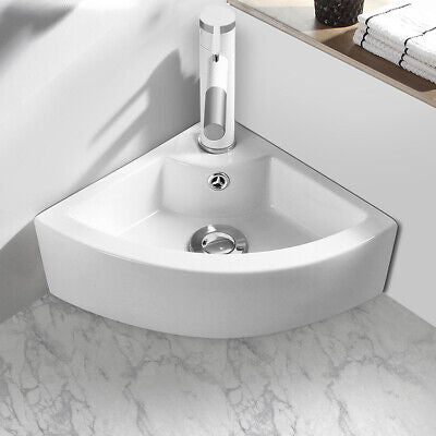 White Corner Ceramic Countertop Basin with Pop-Up Waste
