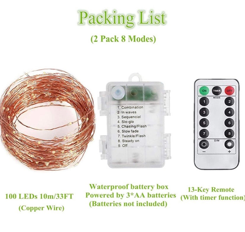 Led String Lights Battery Powered,[2 Pack] Fairy String Lights Battery Operated Waterproof 8 Modes 100 LED 33ft with Remote Control Christmas Decoration Lights (Warm white-10M)