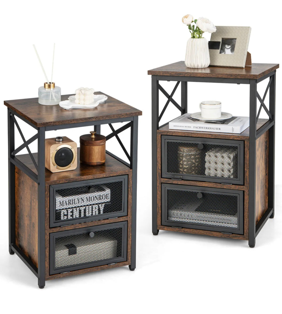 Industrial Wooden Bedside Tables – Set of 2