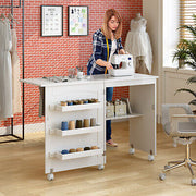 White Folding Sewing Craft Table Shelves Storage Cabinet Home Furniture W/Wheels