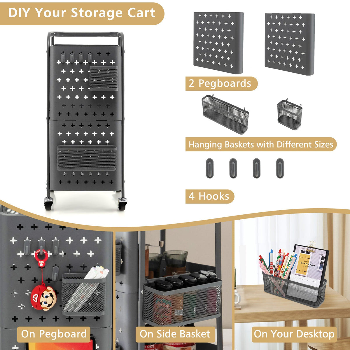3-Tier Pegboard Rolling Storage Cart