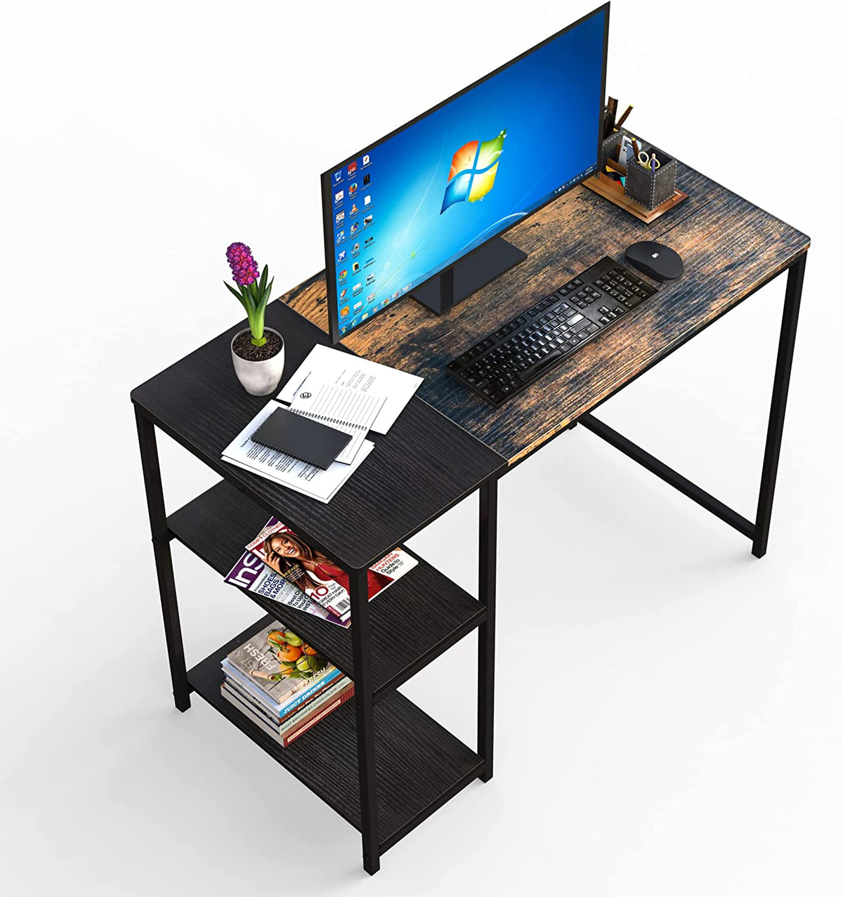 Computer Desk with Writing Storage-Shelf for Home-Office，Modern Simple Style Corner Laptop Table Desk for Writing Studying Working Gaming Space Saving 100x50x74.5cm,Brown