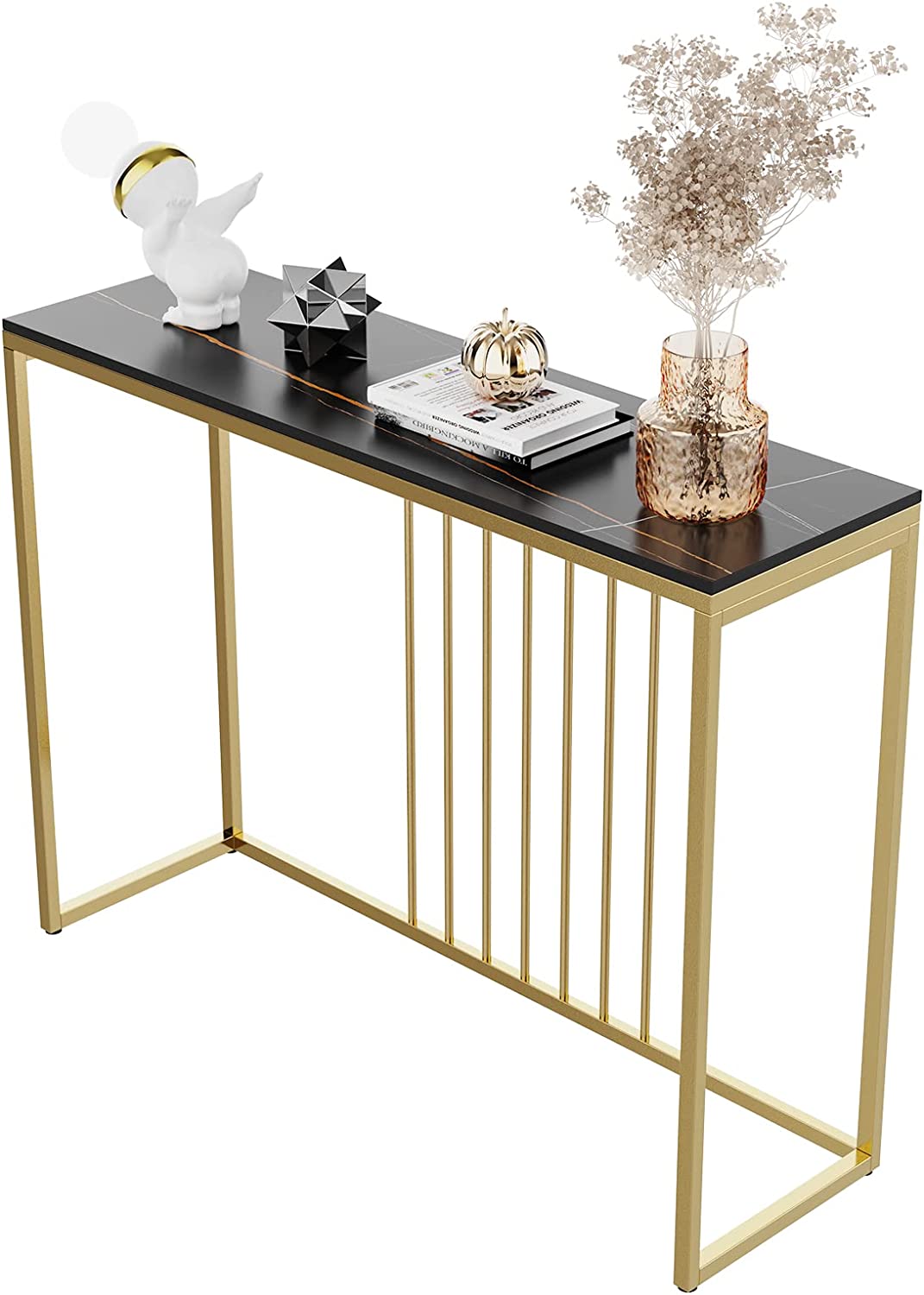 Luxury Marble Console Table Entryway Decorative Table Black Top & Gold Frame
