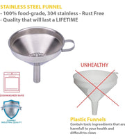 Funnels For Kitchen | 3pc Stainless Steel Kitchen Funnel Set Plus Detachable Strainer | Great for Transferring of Liquid and Dry Ingredients | Durable and Dishwasher Safe | Premium 304 Stainless Steel - Thick and Strong - Will Not Rust
