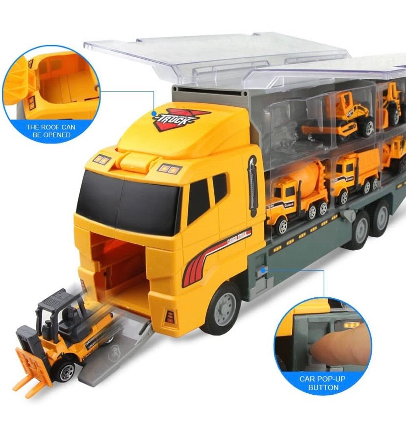 Coolplay 11 in 1 Die-cast Construction Vehicle Mini Engineering Truck Toy Set in Carrier Truck Play set for Boys, Mini Dumper, Bulldozers, Forklift, Tank Truck, Asphalt Car and Excavator for Kids