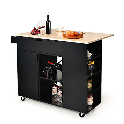 Black Drop-Leaf Rolling Kitchen Island with Cabinet