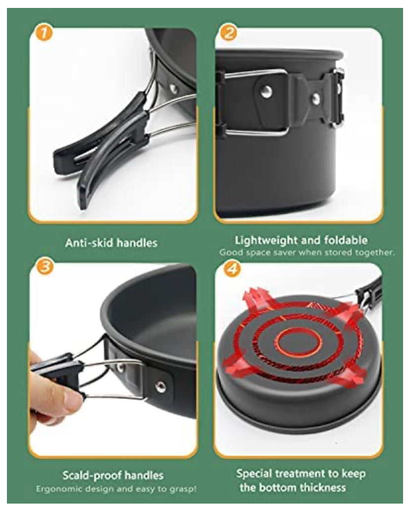 16pcs Camping Cookware Kit, Outdoor Cooking Set with Kettle, Lightweight Camping Pot and Pan for 2 to 3 People Camping, Hiking,Picnic